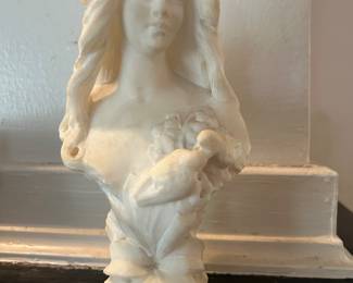 Antique Art Nouveau Carved White Marble Bust Woman with Bird & Flowers