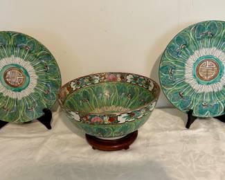 Rare Chinese Famille Verte Bok Choy Pattern Porcelain Centerpiece Bowl with matching P