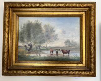 Framed Vintage Landscape Print: 'Cows in a Marshy Landscape' After Camille Corot