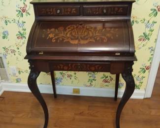 Vintage Solid Wood Secretary Desk with Inlaid Floral Detail