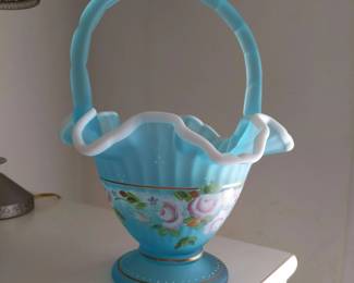 Fenton Hand Painted Blue Satin Glass Basket