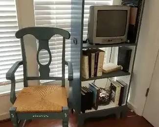 Painted Corner Shelf Bookcase with Matching Rush Seat Chair