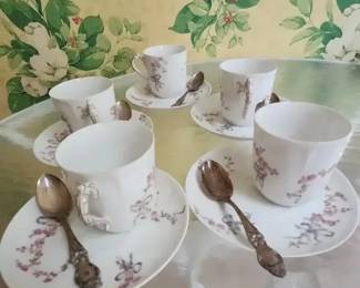 Set of 5 C.H. Field Haviland Limoges Cups Saucers Spoons Floral China