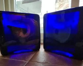 Pair of Blenko Cobalt Blue Glass Bookends with Original Labels
