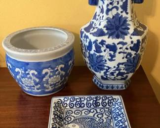 Blue White Porcelain Vase, Cachepot Decorative Tray Set