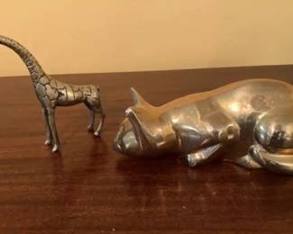 Pair Of Brass Collectibles MCM Crouching Cat And Giraffe