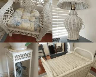 Vintage White Wicker Set Accent Chair, Side Table, Plant Stand, Lamp
