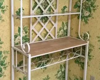 Cream Metal Bakers Rack with Wine Storage Wood Shelves