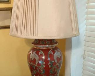 Chinese Red Porcelain Table Lamp with Pleated Shade