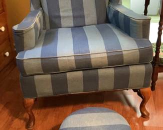 Blue Striped Wingback Chair with Matching Footstool