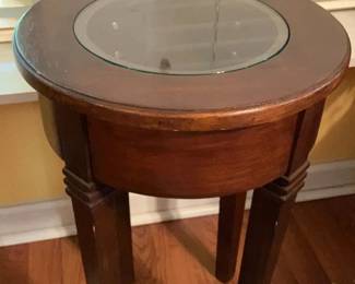 Round Wood Shadow Box Accent Table with Glass Display Top