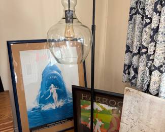 Pottery Barn lamp and wall art, including Jaws poster 