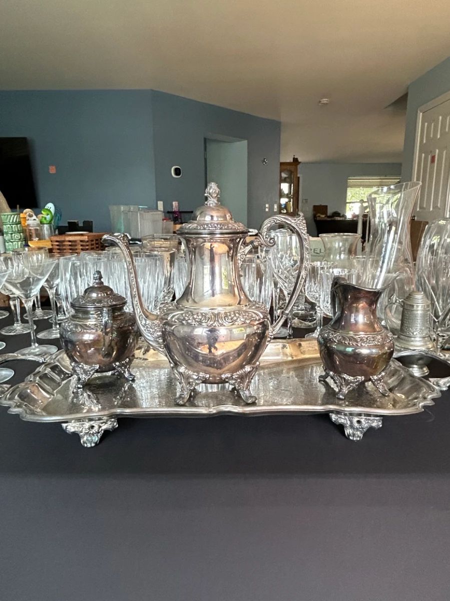 Silver Plated Tea Set with Tray  Ornate Floral and Acanthus Leaf Design