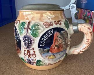 German Beer Stein with Pewter Lid  Loreley, Ruine Maus, Niedernwald