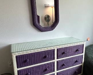 Vintage Purple and White Wicker Dresser with Mirror