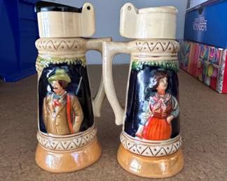 Pair of Ceramic Beer Stein Salt and Pepper Shakers with German Figures second image