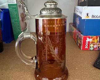 Vintage Etched Amber Glass Beer Stein with Pewter Lid