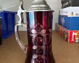 Egermann Ruby Cut to Clear Glass Beer Stein with Pewter Lid