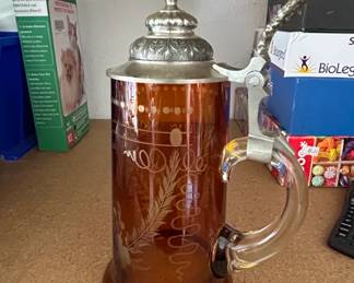 Vintage Etched Amber Glass Beer Stein with Pewter Lid second image