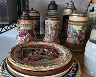 Collection of German Beer Steins and Decorative Plates, including Los Angeles Olympic Stein and Mnchen Crest Plaque