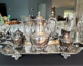 Silver Plated Tea Set with Tray  Ornate Floral and Acanthus Leaf Design