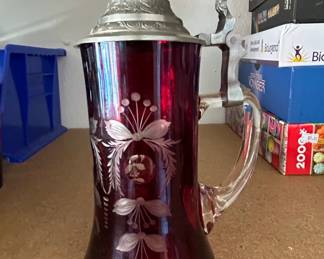 Egermann Ruby Cut to Clear Glass Beer Stein with Pewter Lid second image