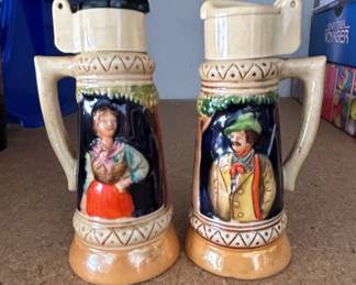 Pair of Ceramic Beer Stein Salt and Pepper Shakers with German Figures