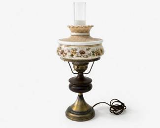85 VintageFloralHurricaneTableLampMilkGlass