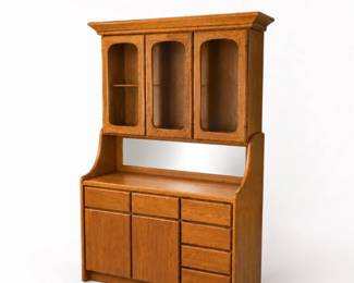 1 VintageOakLightedDisplayHutchCabinetWithMirror