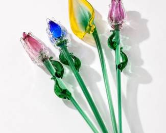 3 VintageHandBlownArtGlassFlowerStemBouquetSet