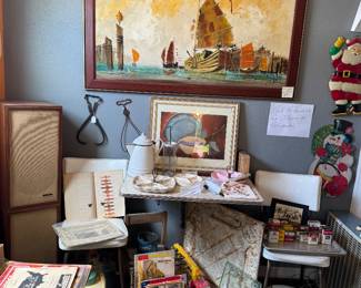 50's folding wall table with matching chairs, vintage Asian Artwork etc