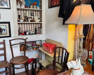 Bentwood hand carved seat chairs, antique rope seat chair, Mid-century metal bar cart (Rare) 