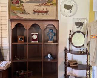 Crewel Needlepoint, one of 2 bookcases with bottom storage 