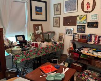 Mid-Century coffee table, decor, old art plus vintage toys