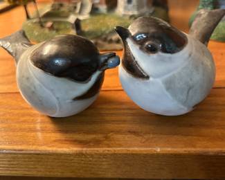Andersen Design Studio pottery figurines, specifically black-capped chickadees from Maine.