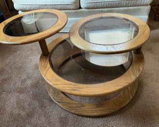 Mid Century Modern Three Tier Oak and Smoked Glass Swivel Coffee Table