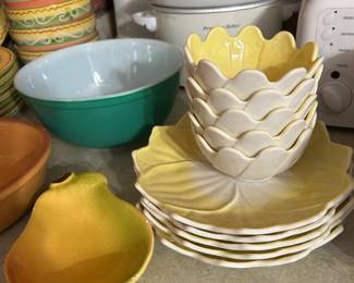 vintage Fire-King Vitrock milk glass dishes in a yellow lotus leaf and blossom pattern