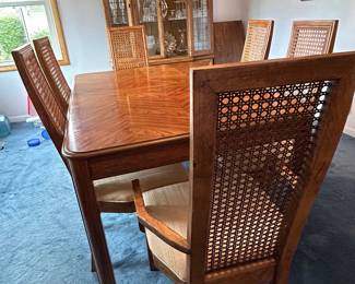 MCM American of Martinsville Dining Room Set featuring a chevron-patterned top and 6 caned back chairs