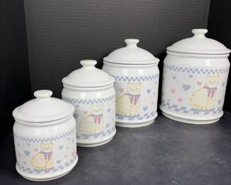 204 vintageceramiccatcanisterset4pcblu