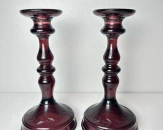 168 vintagemaroonglasscandlestickholders