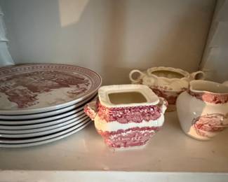 Mason's "Vista" Pattern Red Transferware Plates and Creamer/Sugar Set