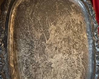 Ornate Silver-Plated Serving Tray with Handles