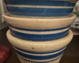 Antique Robinson Ransbottom Stoneware Mixing Bowls with Blue Stripes