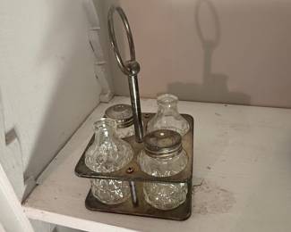 Vintage Silver-Plated Cruet Set with Etched Glass Bottles