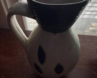 Williamsburg Pottery Salt Glazed Stoneware Pitcher with Cobalt Leaves