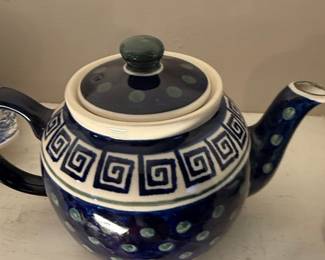 Blue and White Polish Pottery Teapot with Greek Key and Polka Dot Pattern