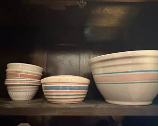 McCoy Pottery Stoneware Mixing Bowls with Blue and Pink Bands