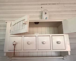 White Wooden Wall Cabinet with 4 Drawers and Towel Bar