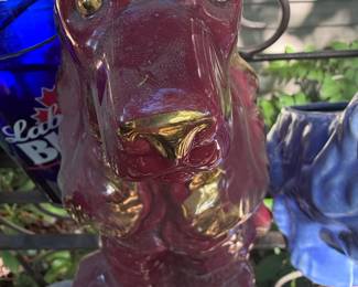 Vintage Ceramic Dachshund Figurine with Burgundy Glaze and Gold Accents