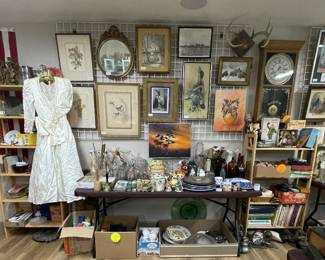 Wedding Dress, Oil Paints, Lithographs, Clock/Register, Bottles